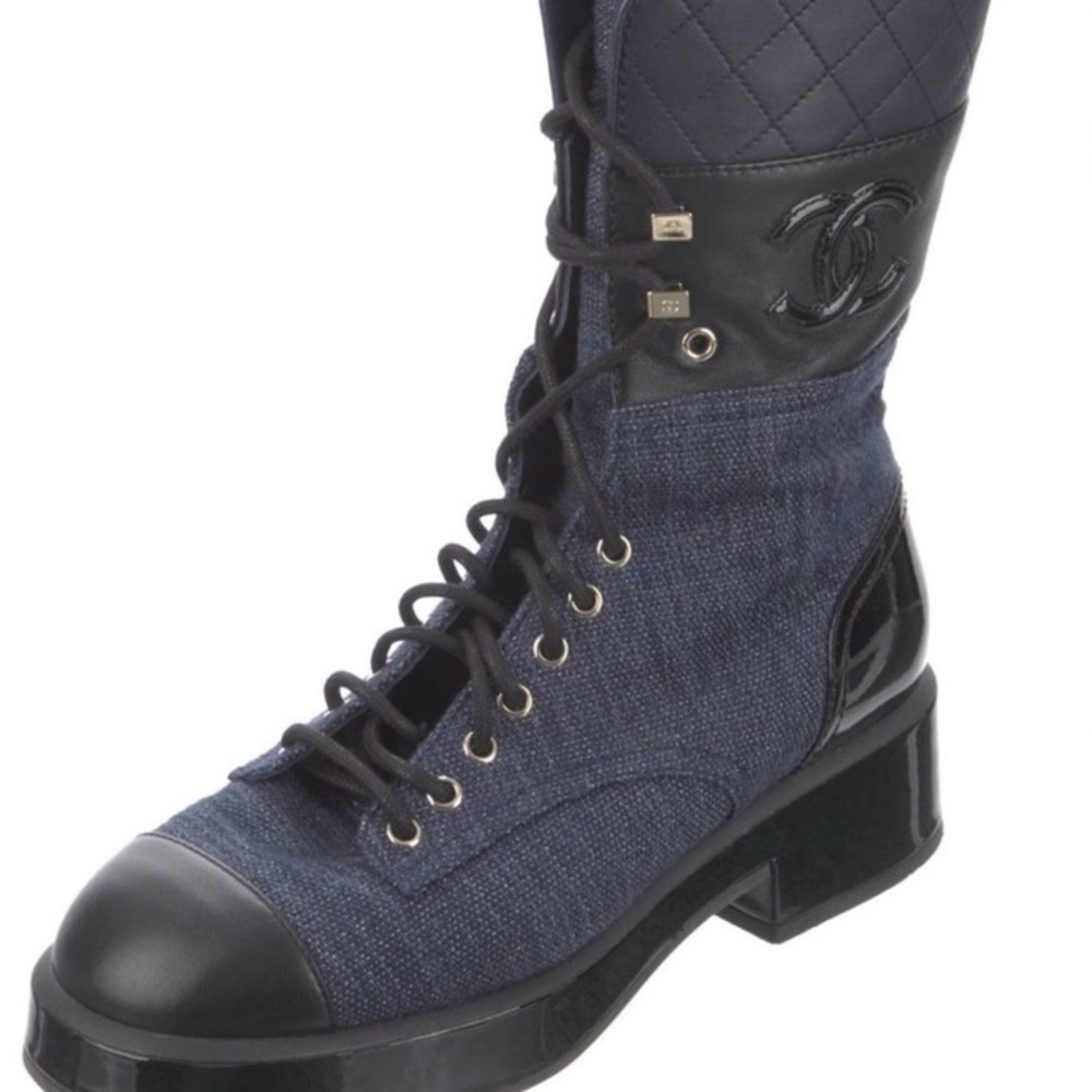 Chanel Lace Up Combat Boot Navy and Black